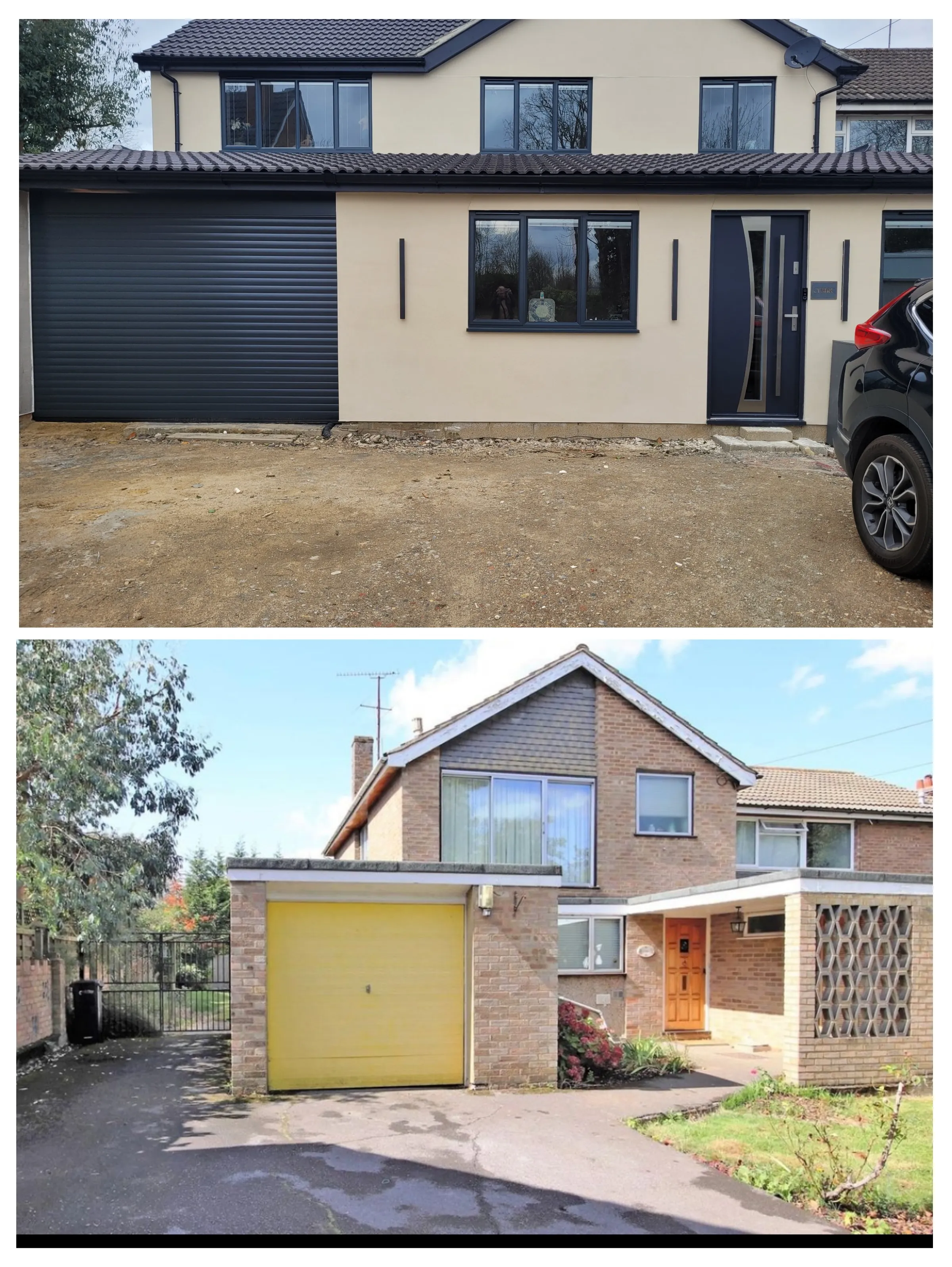 Two pictures of a house with a car parked in front of it.