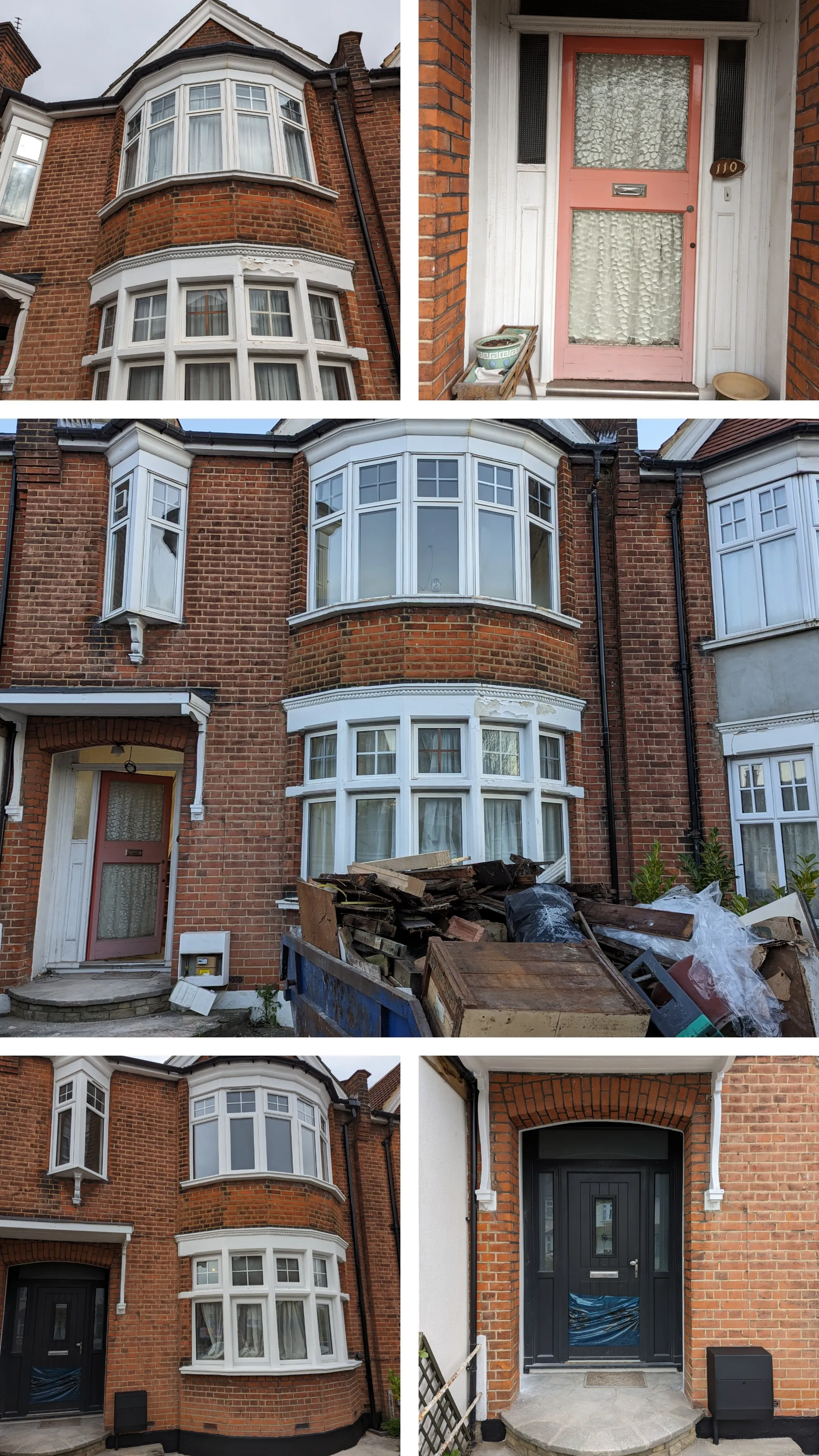 A series of photos of a brick building with multiple windows.